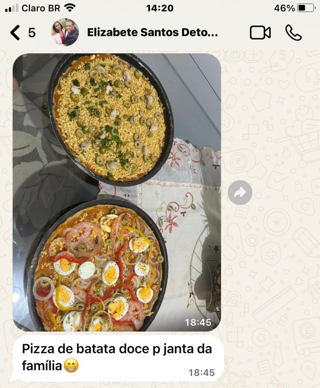 Pizza de batata-doce feita por uma aluna para a janta da família